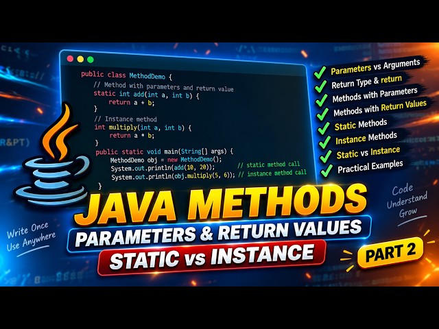 Java Methods Part 2 | Parameters, Return Values | Static vs Instance Methods | Core Java