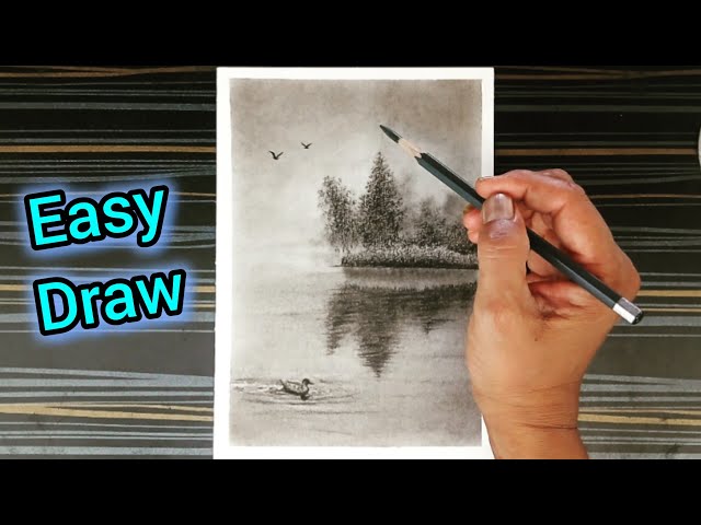 A pencil drawing depicting a natural, misty landscape scene after the rain.