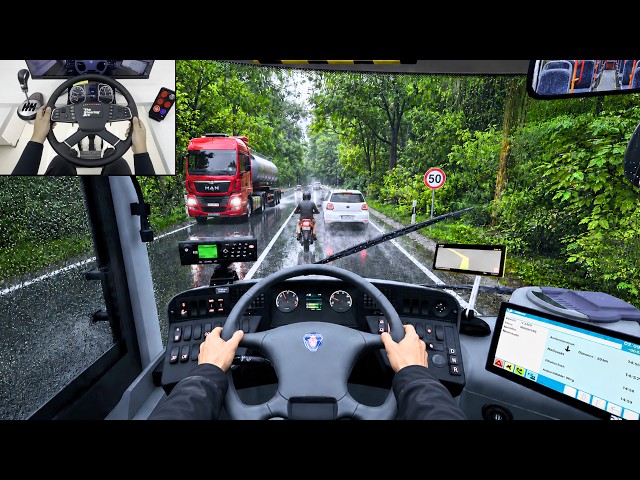 The Bus - Driving Through Germany in Heavy Rain | Realistic Bus Sim | Steering Wheel Gameplay