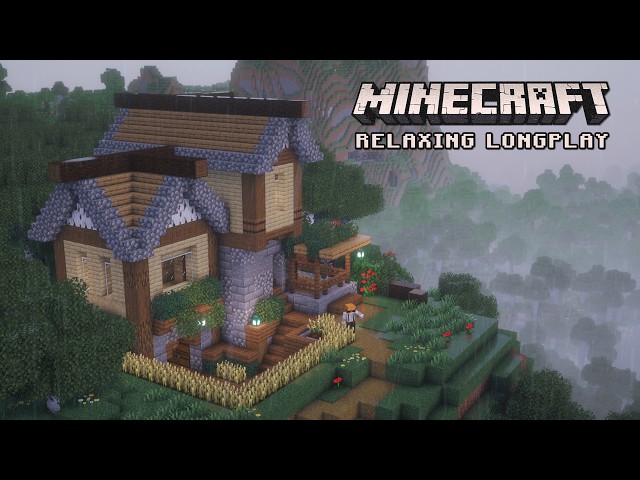 Minecraft Relaxing Longplay – Cozy Starter House in a Rainy Mountain (No Commentary)