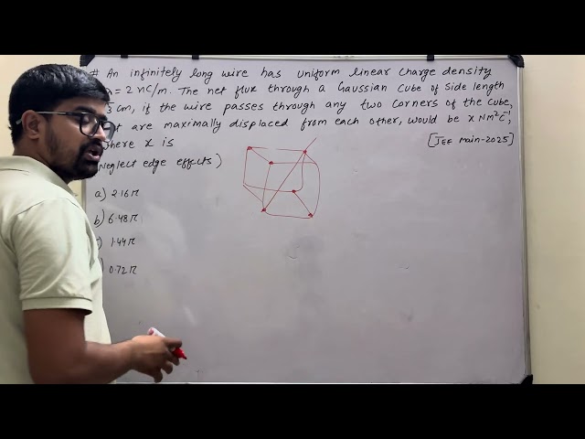 An infinitely long wire has uniform linear charge density lambda = 2 nC/m. The net flux through…….