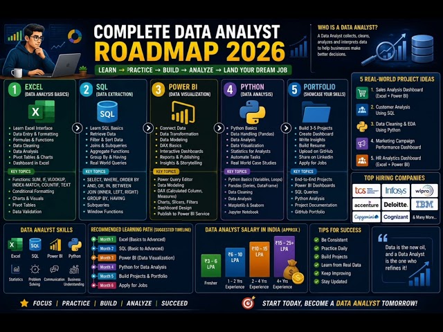 Complete Data Analyst Roadmap 2026 📊 | Excel, SQL, Power BI, Python & Portfolio to Job