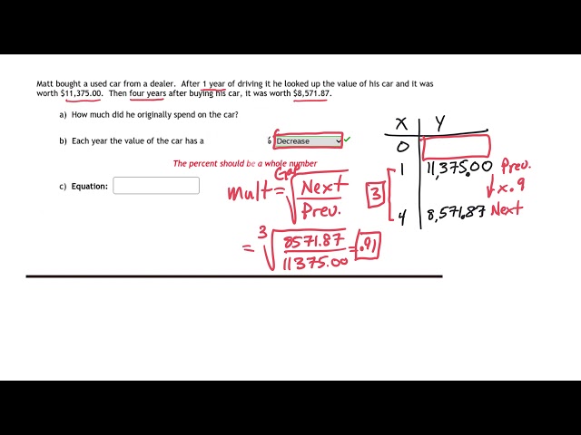EXP.3 - Exponential equation word problem of depreciating car values.