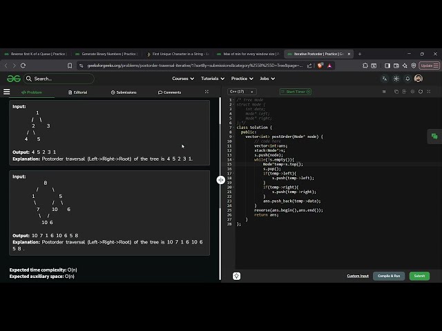Iterative Postorder Traversal | GFG Solution in C++ | Binary Tree Without Recursion