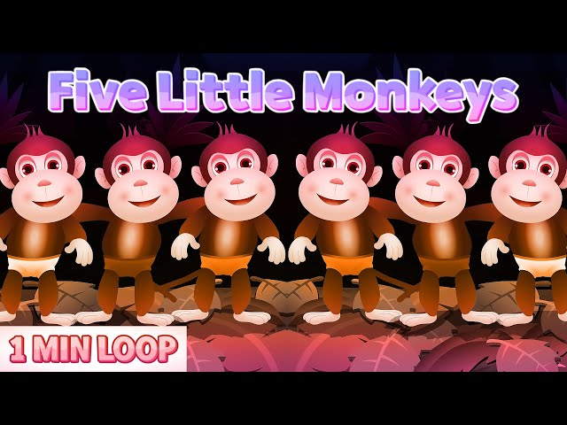 [1 MIN LOOP] Five Little Monkeys Jumping On The Bed 🐒 Fun Poem 3D Animation Kids Song Nursery Rhymes