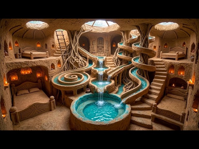 Building a Luxury Cave Resort with Spiral Slide, River Pool, Hanging Garden Terrace & Clay Interior