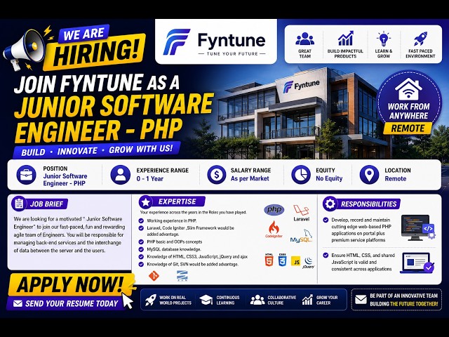 🔥 Fyntune Junior Software Engineer (PHP) Hiring 2026 | Remote Opportunity | Freshers & 0–1 Year Exp