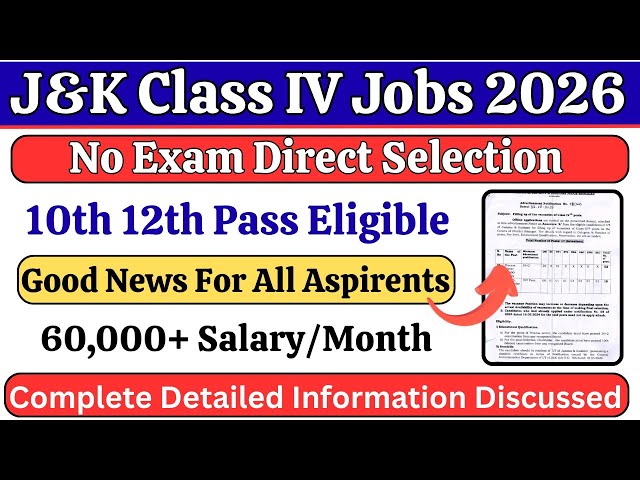 J&K 10th Pass New Jobs Out | Class IV Jobs Out | Good News For All Aspirents No Exam Direct Job 