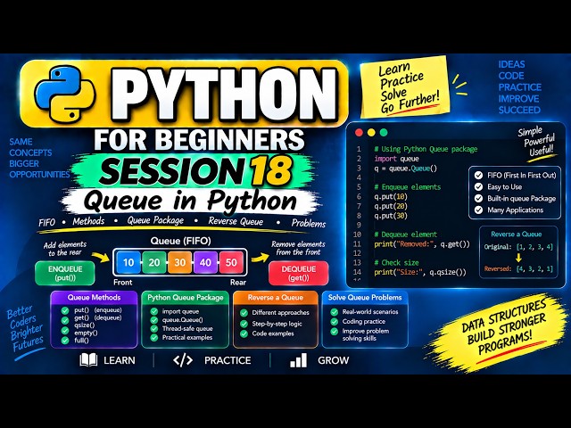 Python Session - 18 | Queue in Python | Methods, Queue Package & Problems