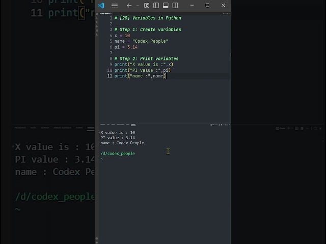 [20] Python Variables | Create and Print Variables | Codex People  #coding #python #shorts