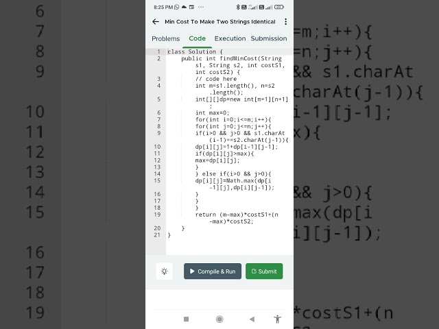 DSA Coding challenge: Min deletions to make two string equal