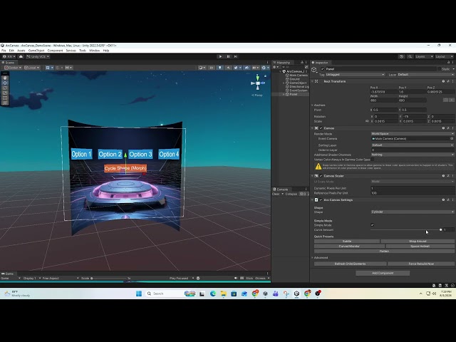 One Click curved Canvas for VR unity