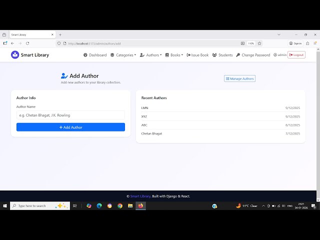 Library Management System using Django with React JS | Part 10 | Add Author | Django Rest Framework