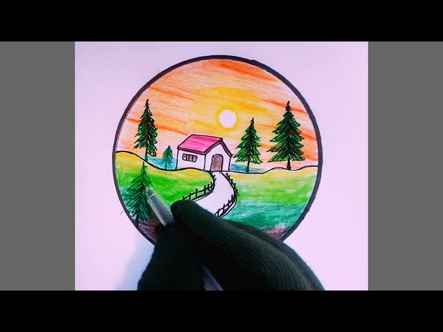 How to draw circle landscape&scenery drawing tutorial step by step for beginner.Circle drawing video