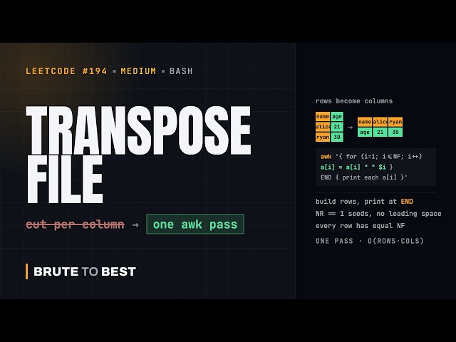 LeetCode #194: Transpose File — One awk Pass