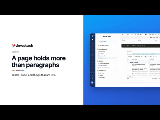 Tables, code blocks and live embeds in your docs | Dewstack