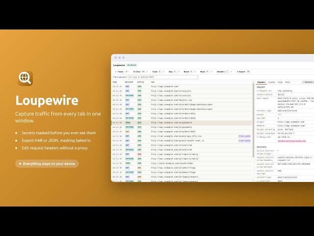 Loupewire: HTTP Request Inspector, Header Editor and Masked HAR Export