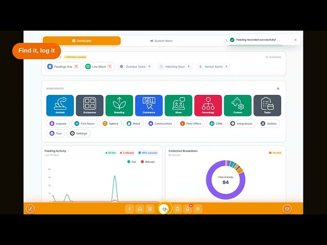 Search everything: find an animal and log a feeding in seconds