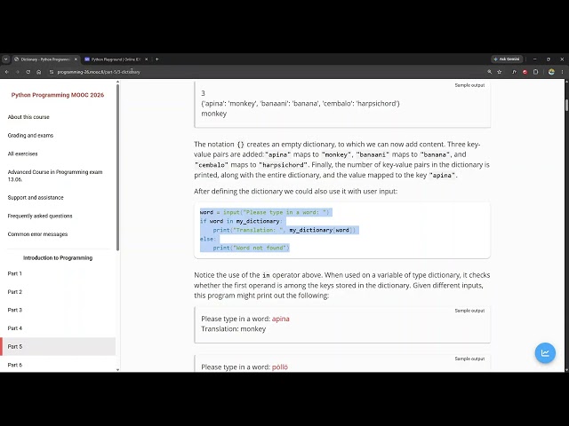 Python Programming MOOC 2026 - Part 5.3.1 Dictionary