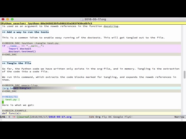 org-mode and noweb for Python doctests