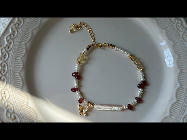 Tutorial citrine garnet and pearls bracelet with butterfly charm#bracelet #braceletmaking #jewelry