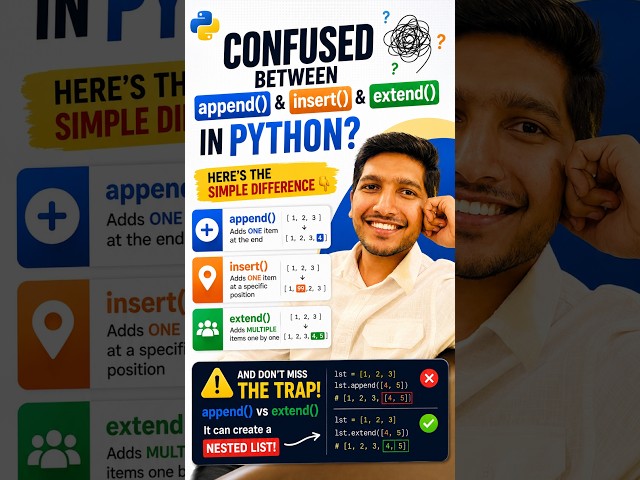 Python List Methods Explained 🔥 | append() vs insert() vs extend() | Python for Beginners
