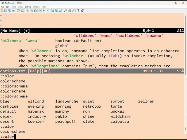 Using Vim to learn linux-style autocomplete, with TAB^D^A^E and 'noselect'.Then :set wildmenu