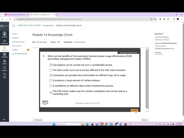 Module 14 Knowledge Check | Data Center Efficiency | AWS Academy Engineering Operations Technician