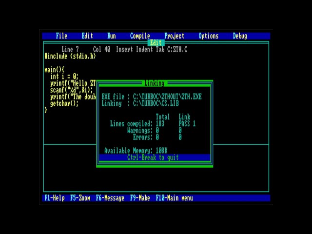 Turbo C - 1987 - IBM PC XT @ 7.16Mhz / PCem