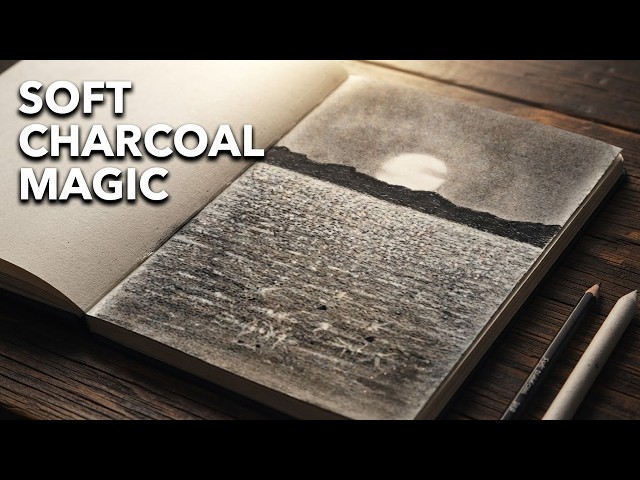 Full tutorial video drawing of a scene of sparkling ocean waves at sunset with charcoal pencil(soft)