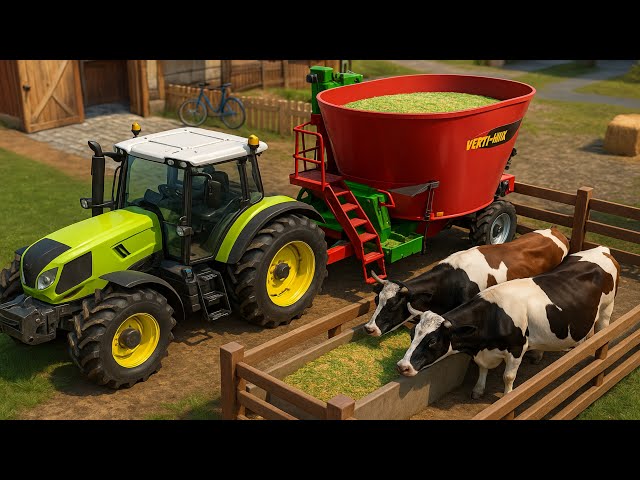 How Cows Are Fed on the Farm | Green and Red Tractor in Action - From Hay to Feed