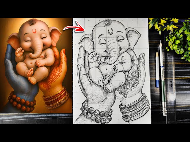 Cute Ganesha Drawing, How To Draw Little Baby Ganesh Sleeping On Shiv Parvati Hand, Ganapati Drawing