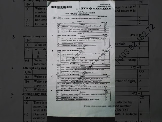 aktu B.tech 2nd year (4th sem) paper of PYTHON PROGRAMMING (KNC-402) 2021-22