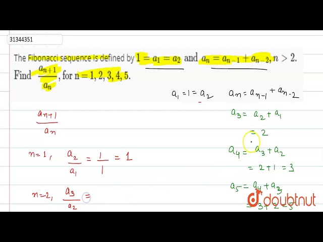 The Fibonacci sequence is defined by `1=a_(1)=a_(2)and a_(n)=a_(n-1)+a_(n-2),ngt2.`