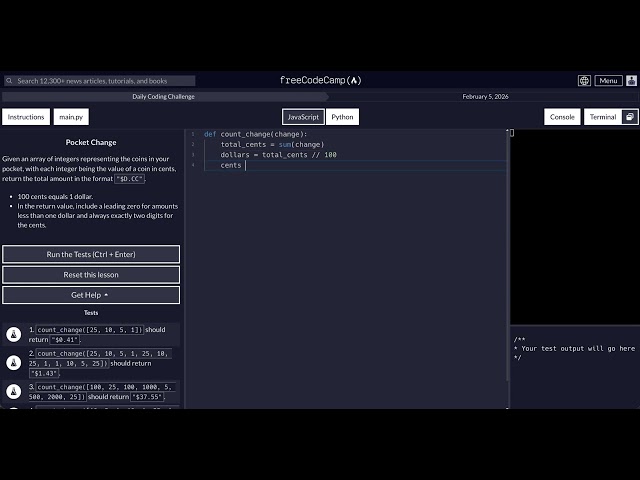 FreeCodeCamp - Daily Challenge - Python - Pocket Change - February 5, 2026
