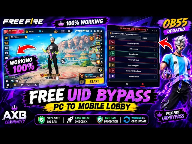 NEW FREE UID EMULATOR BYPASS OB55 SAFE 100% ALL SERVER💻FOR FREE FIRE FF UID BYPASS BY AXB OFFICIAL🎯