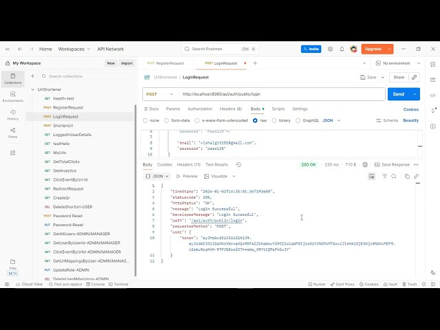 UrlShortener Project Demo Running Locally being tested using Postman