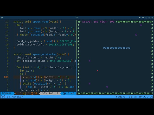 I Built a Classic Snake Game in C (With Golden Food & Obstacles!) | Neovim, tmux & ASMR Coding