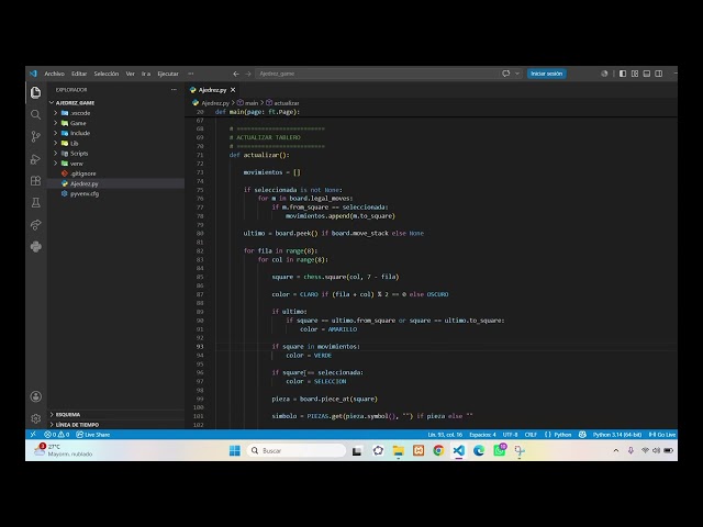 Desarrollando un juego de mesa de ajedrez , con python y flet  en Visual Studio Code.