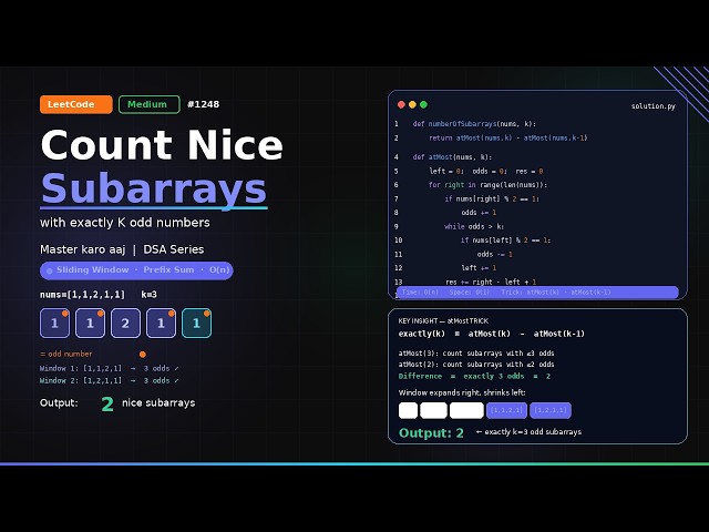Day 50 || LeetCode 1248 ||  DSA live with me  || nice subarray count equal k