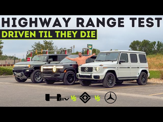Highway Range Test! Rivian R1S Dual Max vs Mercedes G580e vs Hummer EV