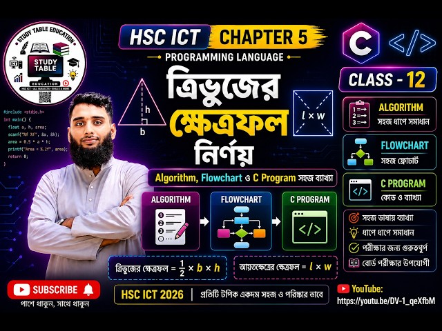 ত্রিভুজের ক্ষেত্রফল নির্ণয় | Class-12 | Algorithm, Flowchart ও C Program সহজ ব্যাখ্যা | HSC ICT - 5