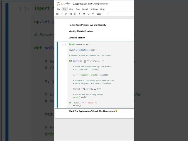 Identity Matrix Creation – Detailed Version #Python #HackerRank #NumPy #IdentityMatrix