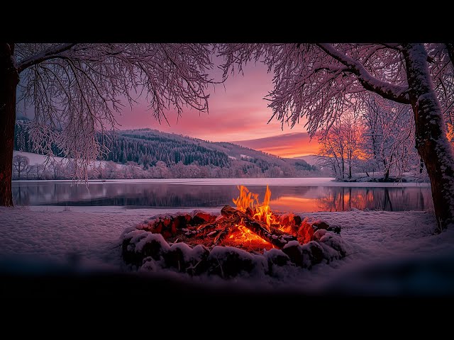 Calm Winter Campfire Scene ❄️🔥 Lakeside Fire for Relaxation and Rest