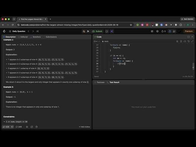 3471 | Find the Largest Almost Missing Integer | LeetCode POTD | C++ |  Guardian | Solution