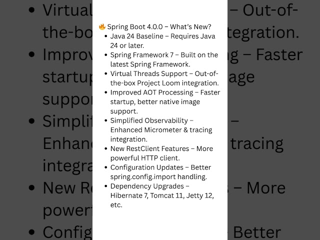 🚀 Spring Boot 4.0 – Top New Features in 30 Seconds! ⚡ | Java 24 + Spring Framework 7