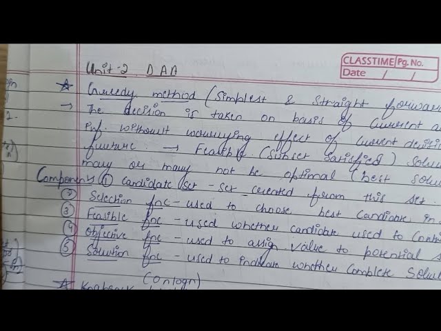 Data Analysis & Algorithm Unit-2 (IPU) in one shot | Complete handwritten notes Explanation|Greedy 
