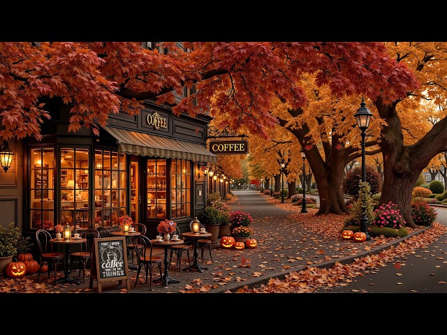 Happy October Morning Jazz ~ Vintage Fall Café Street 🍂 Jazz, Pumpkins & Falling Leaves for Work
