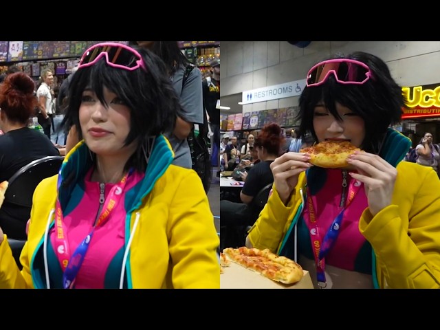 Emiru just chatting & eating a pizza at Comic-Con FT Alinity Ariasaki