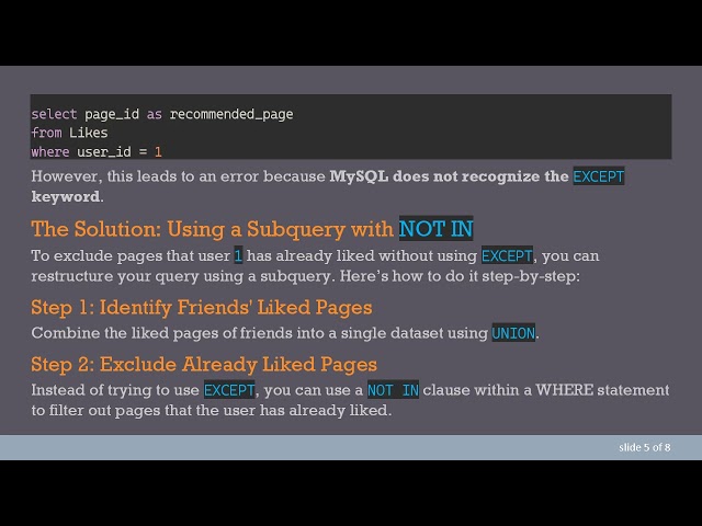 Understanding the MySQL EXCEPT Error: How to Properly Exclude Rows in SQL Queries